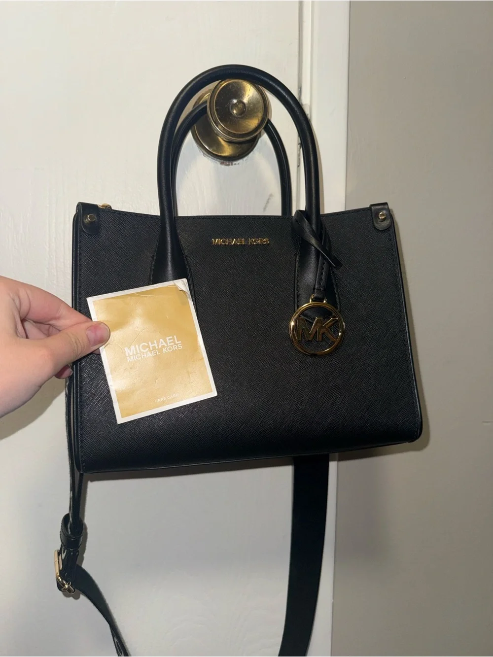 Michael Kors Black Leather Satchel with Gold MK Charm